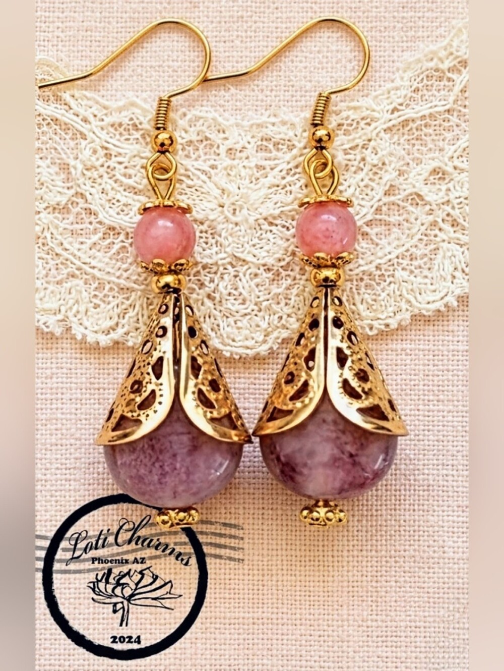 Genuine Pink With Cherry Shades JADE In Ornate Filigree Gold Plated Earrings